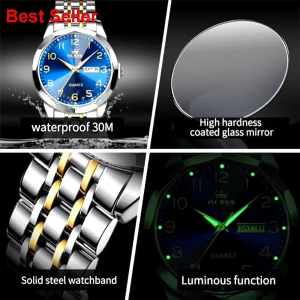 Stainless Steel Analog Quartz Dress Watch with Day Date Waterproof